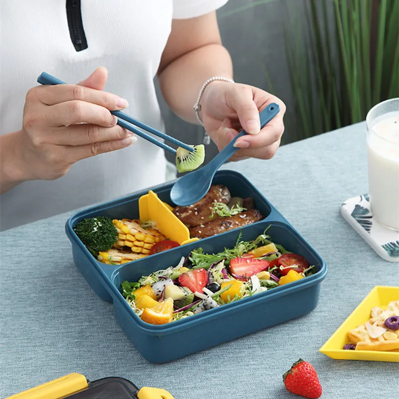 Square Plastic Microwave Oven Heating Lunch Box Hermetic Kitchen Food Container with Divider Plate Student Bento Carrier