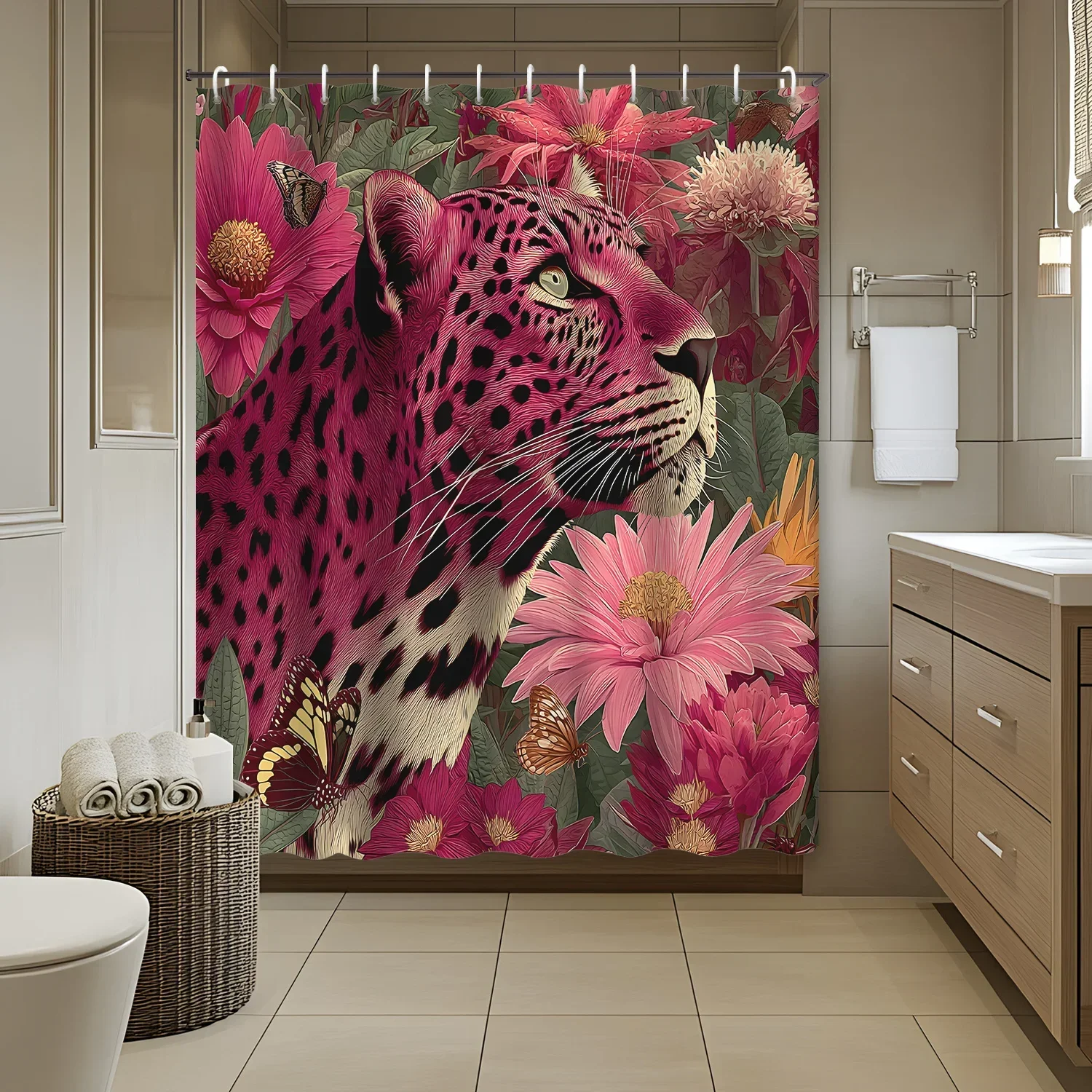 1pc Tropical Jungle Plant Animal Pink Leopard Pink Floral Plant Shower Curtain Partition Curtain, Decorative Print ShowVVV