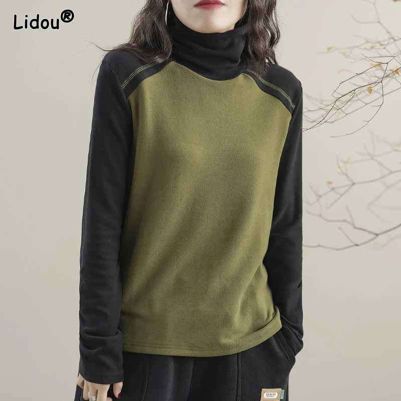 Patchwork Bottoming Round Neck Loose Women's Clothing Solid Color T-Shirts Comfortable Office Lady Fashion Casual Spring Autumn