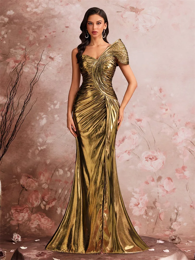European and American Design Sense Fishing Line Shaping Elegant Evening Dress Gorgeous Temperament Pleated Cocktail Party Dress