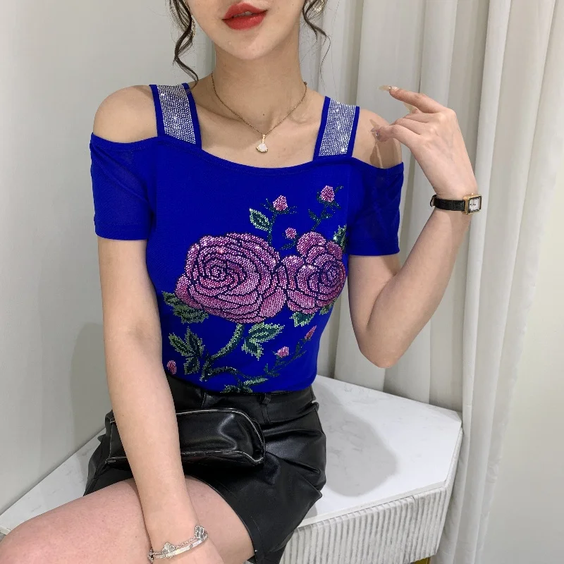 

M-3XL Streetwear Summer Women's T-Shirt Elegant Luxury Hot Diamonds Flower Design Mesh Top Ladies Sexy Off Shoulder Tees Blouse
