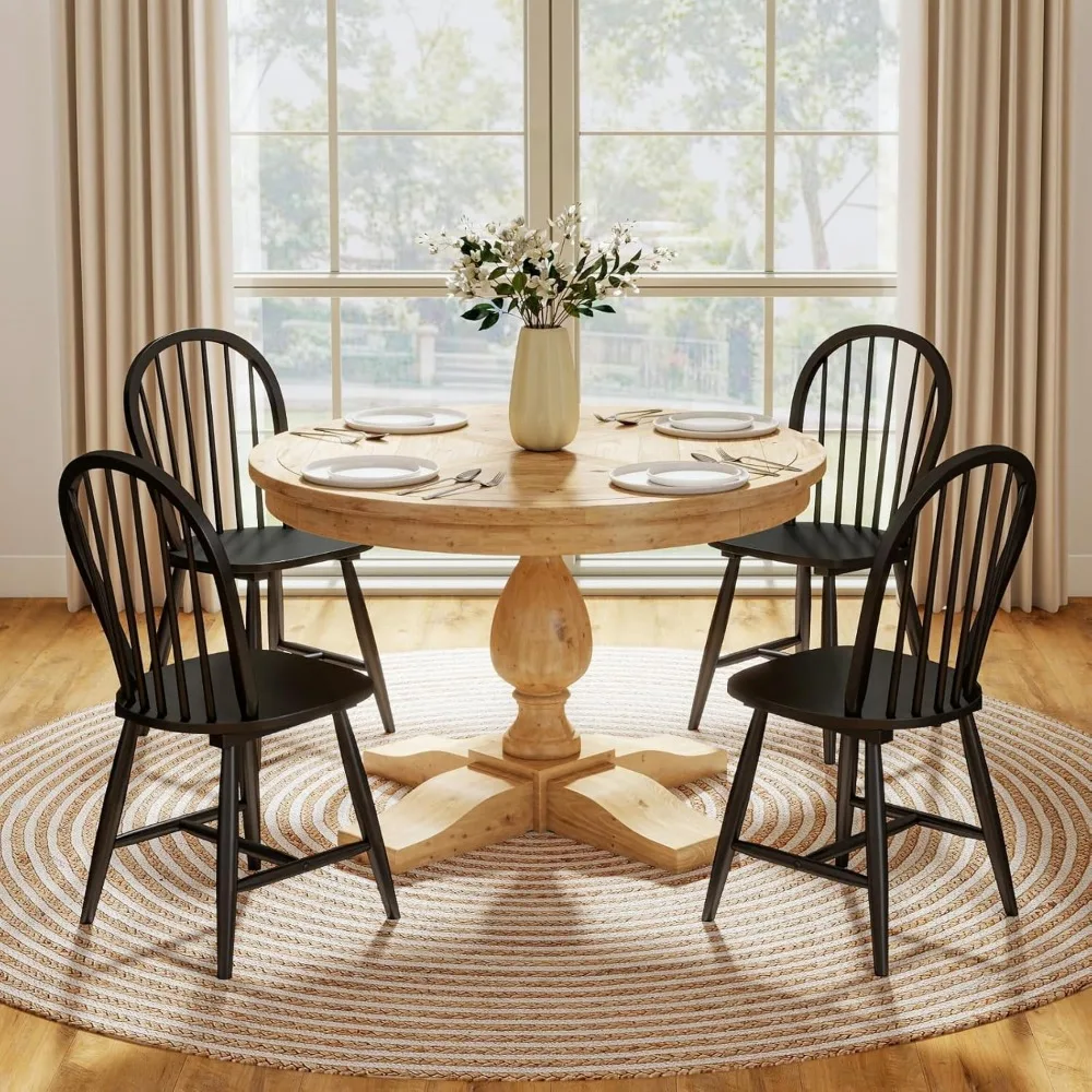 مجموعة من 4 كراسي لتناول الطعام في المزرعة باللون الأسود، وكراسي خشبية على طراز وندسور مع ظهر مغزل، وتصميم كوخ حديث بدون ذراع #5