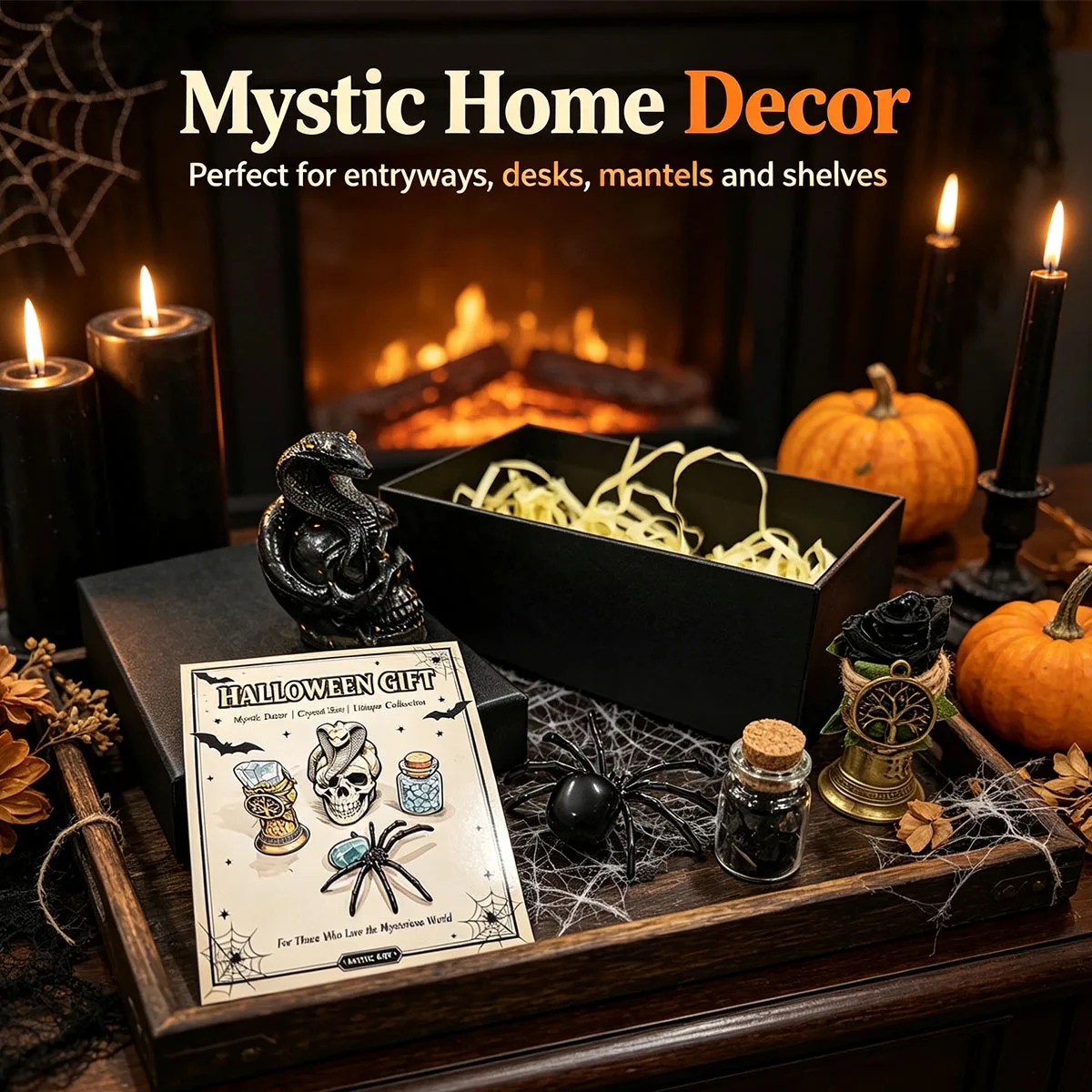 Coffret Cadeau Décoratif Mystique d'Halloween Premium 6 Pièces/Ensemble, Sculpture Gothique Crâne de Serpent, Bouteille en Cristal, Arbre de Vie, Cloche, Carte Créative