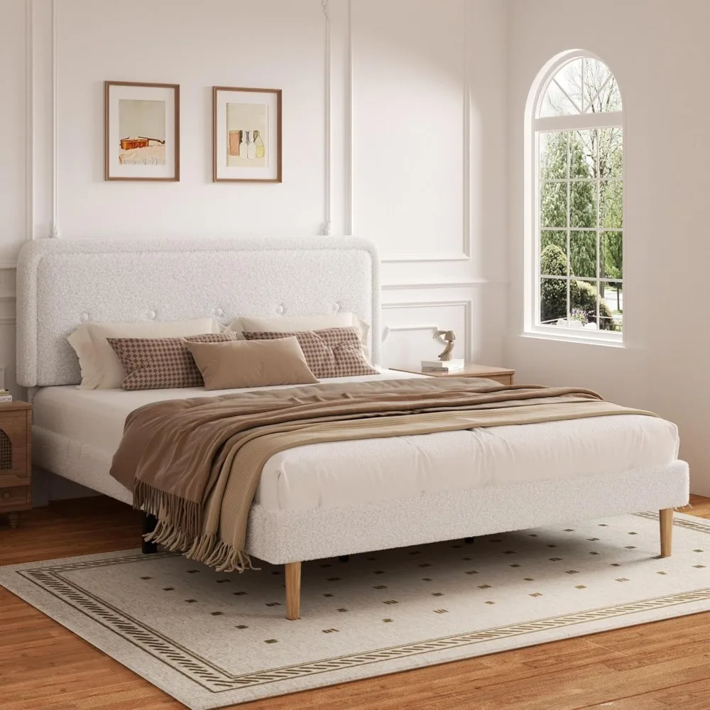 King Size Boucle Platform Bed Frame, Anti-Collision Soft Rounded Corners, Adjustable Headboard, No Box Spring Needed, Easy Assem