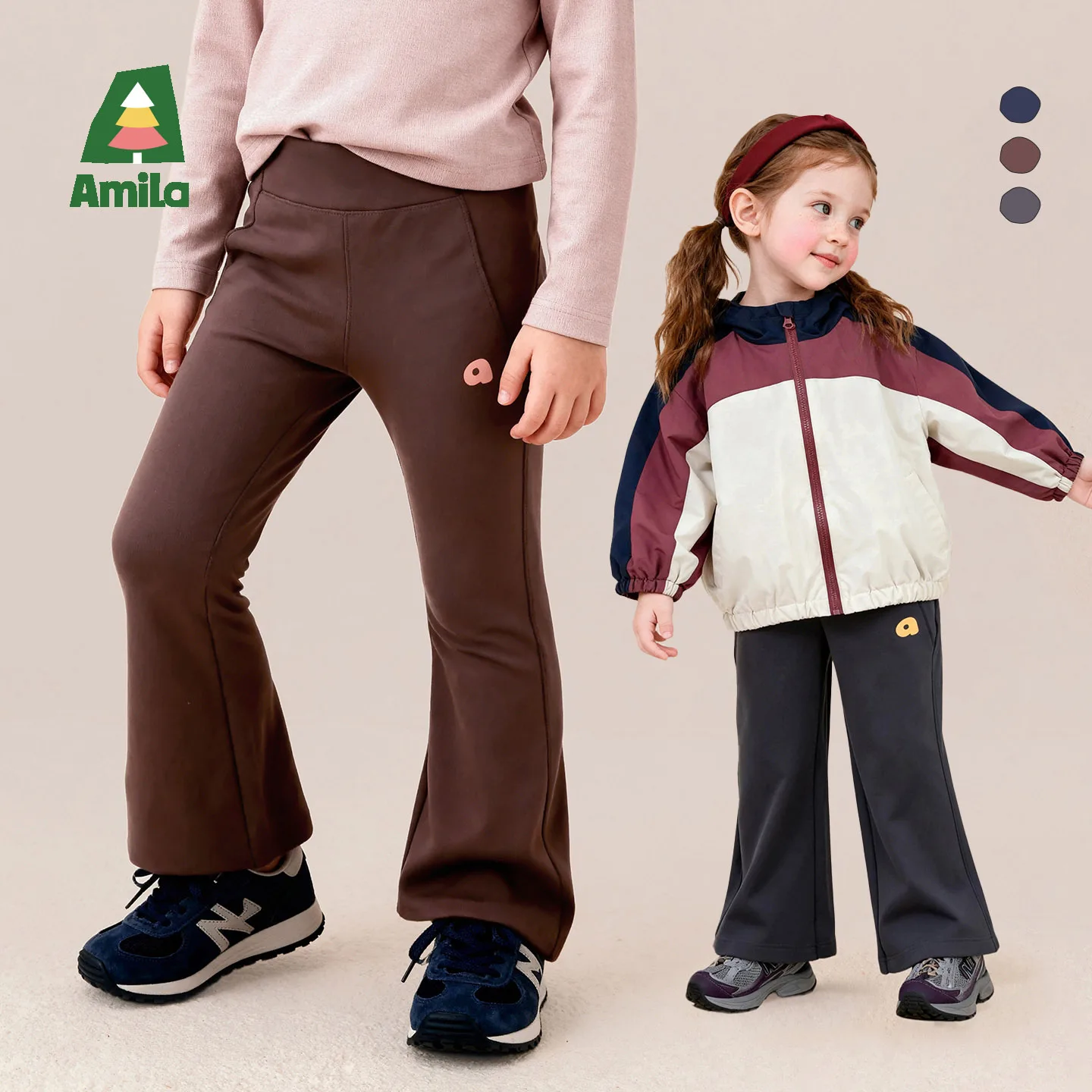 Amila 2026 Autumn New Kids Girls Casual Long Pants Sporty Elastic Slight Flare Composite Fleece Daily Versatile Pants