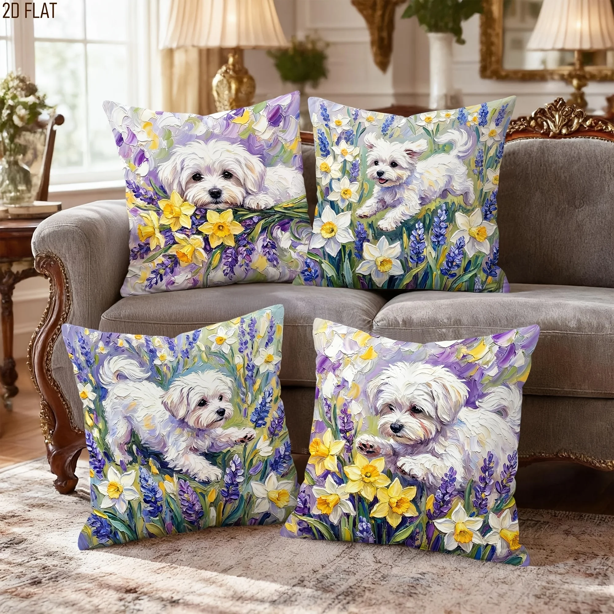 4pcs Dog Printed Cushion Cover Puppy Flower Lavender Daffodil Pillow Case Polyester Home Decor Sofa Bedroom Living Room 2D Flat