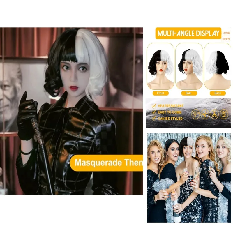 Cruella Black and White Color Wave Mid-length Hair 12 Inch with Bangs Forcosplay Hollween Party Daily Wear Give A Very Good Gift