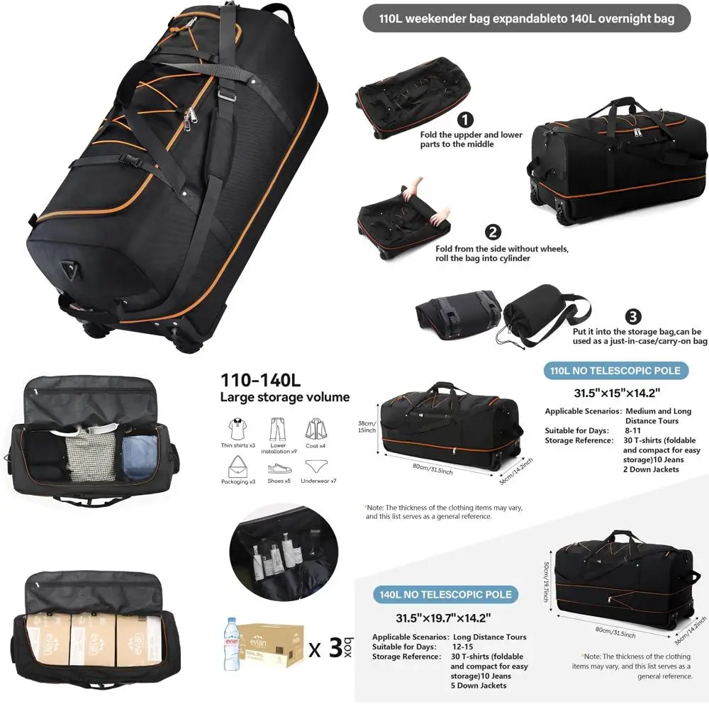 

Expandable Soft-Sided Foldable Duffle Bag 110L-140L with Wheels, Packable 32 Rolling Carriage for Travel