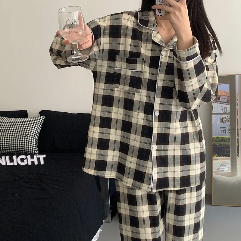 Nightwear Women Korean Version Four Seasons Plaid Long Sleeve Black Cardigan Student Sleepwear Loungewear Wearing Outside