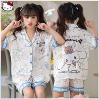 2Pcs Cinnamoroll Kuromi Children Pajama Set Cartoon Anime Sanrio Summer Ice Silk Short Sleeve Tops Shorts Parent-Child Homewear