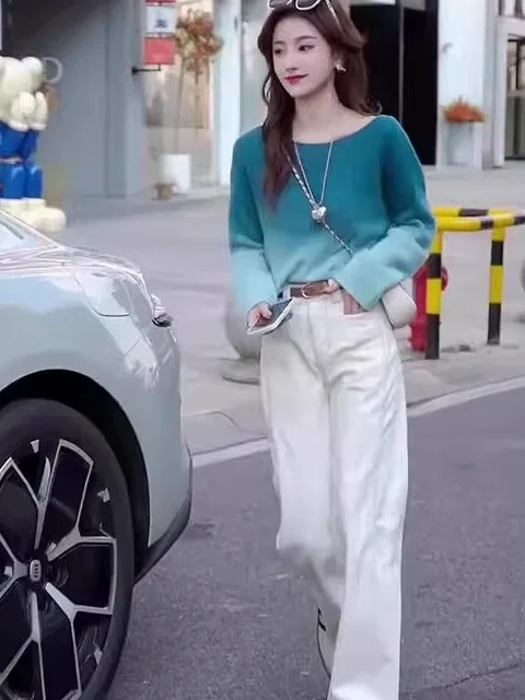 

Осенне-зимний женский вязаный комплект в корейском стиле: брюки с высокой талией и широкими штанинами, градиентный дизайн, элегантный вид, костюм-двойка