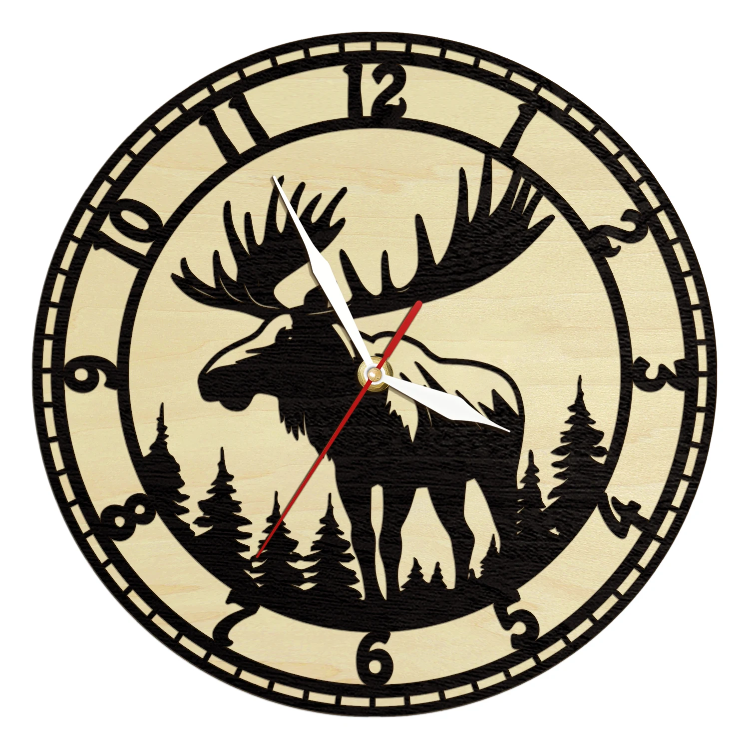 Moose Antlers Wooden Wall Clock for Cabin Lodge Cottage Rustic Home Decor Watch Wilderness Nature Animal Living Hinge Wood Clock
