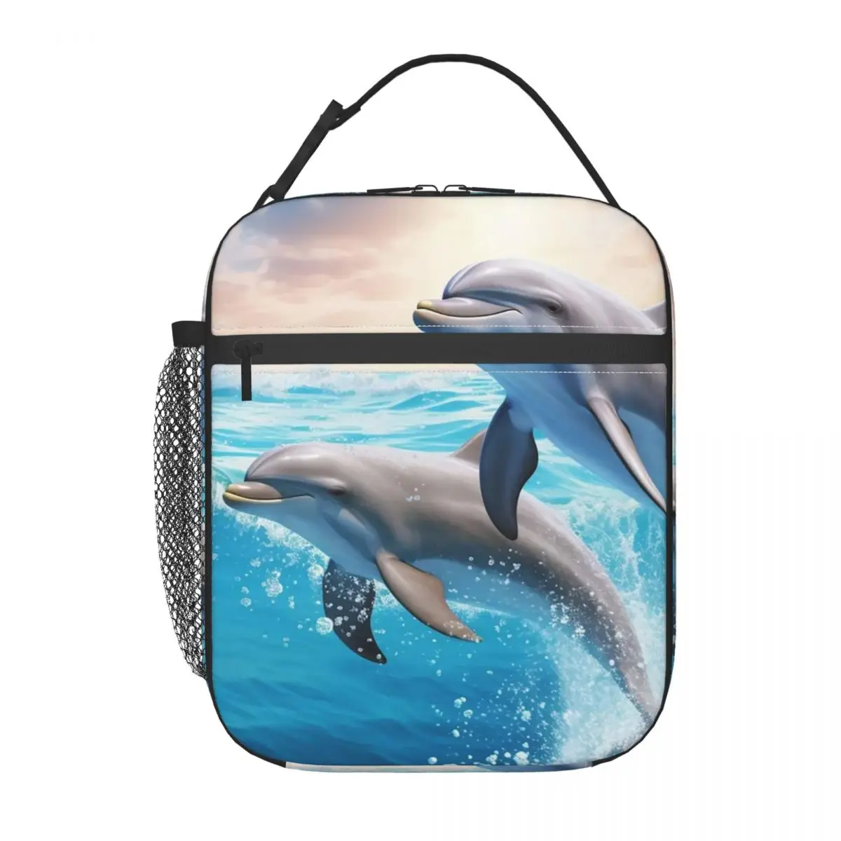 

Dolphin Leaping Out Of The Water Pattern Insulated Lunch Bag for Women Kids Leakproof Food Boxes Thermal Lunch Box Tote
