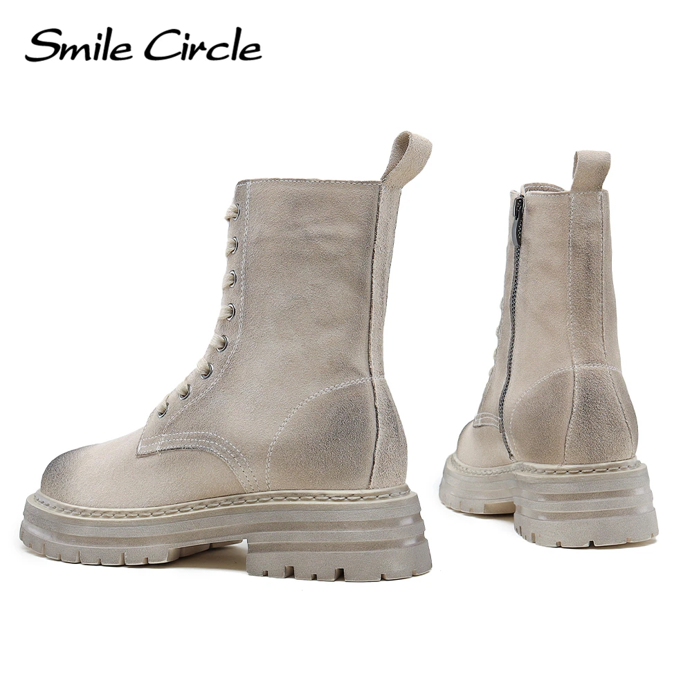 Smile Circle Ankle Boots Women Winter Cow Suede Leather Platform Boots Round Toe Lace-up Non-slip Snow Boots