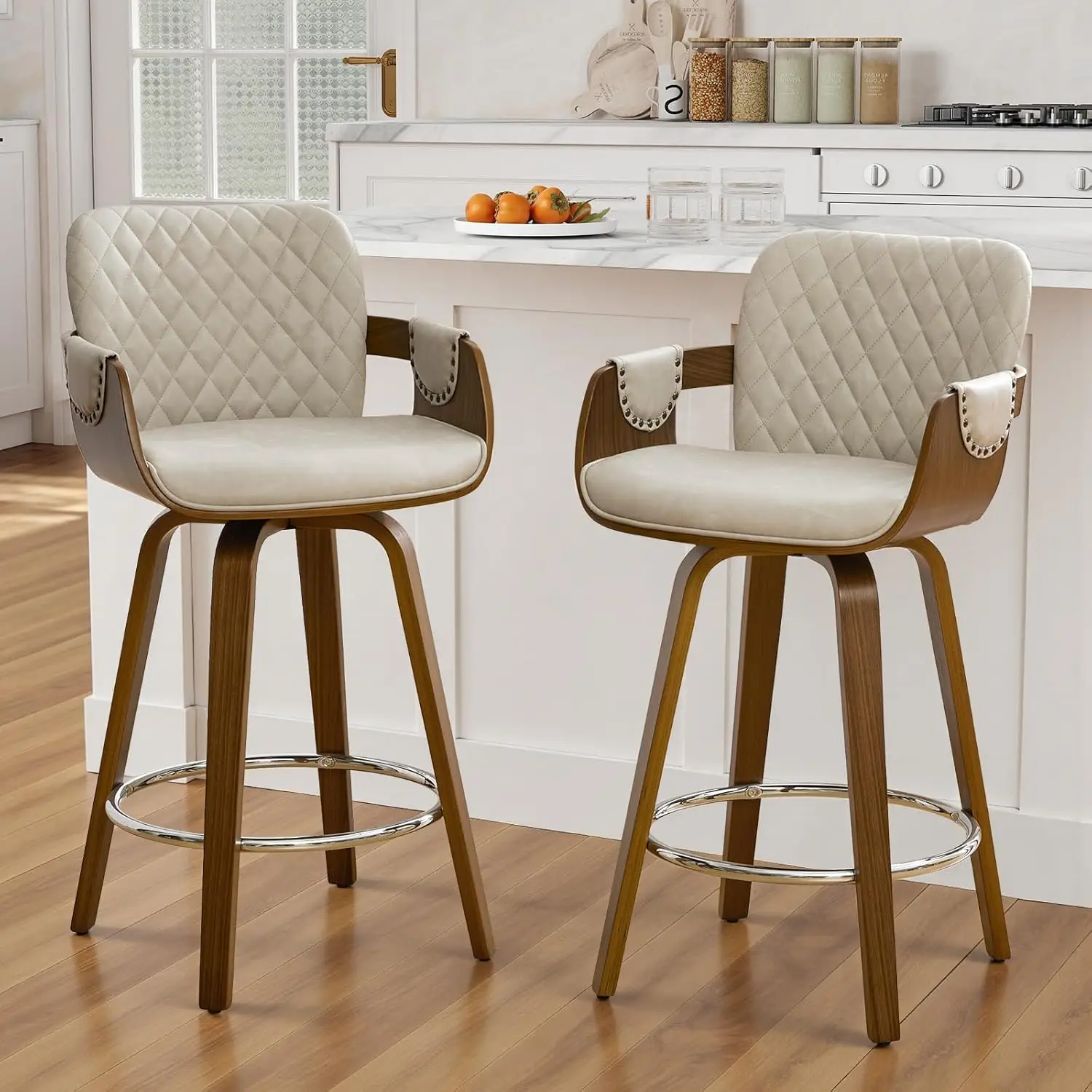 

Swivel Bar Stools Set of 2, 26" Counter Height Bar Stools with Back and Arms, Mid-Century Modern Upholstered, Customized