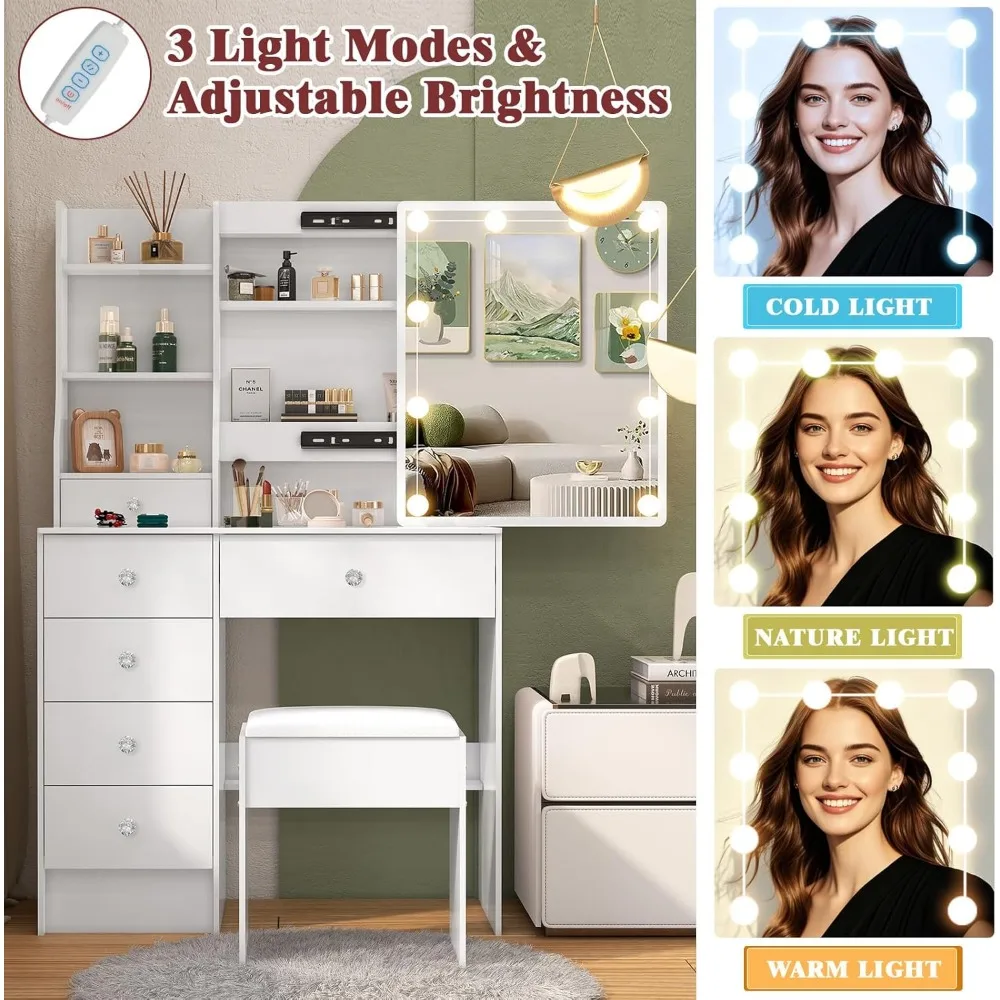 مكتب زينة للمكياج بمرآة مضيئة مع كرسي وأدراج تخزين #5
