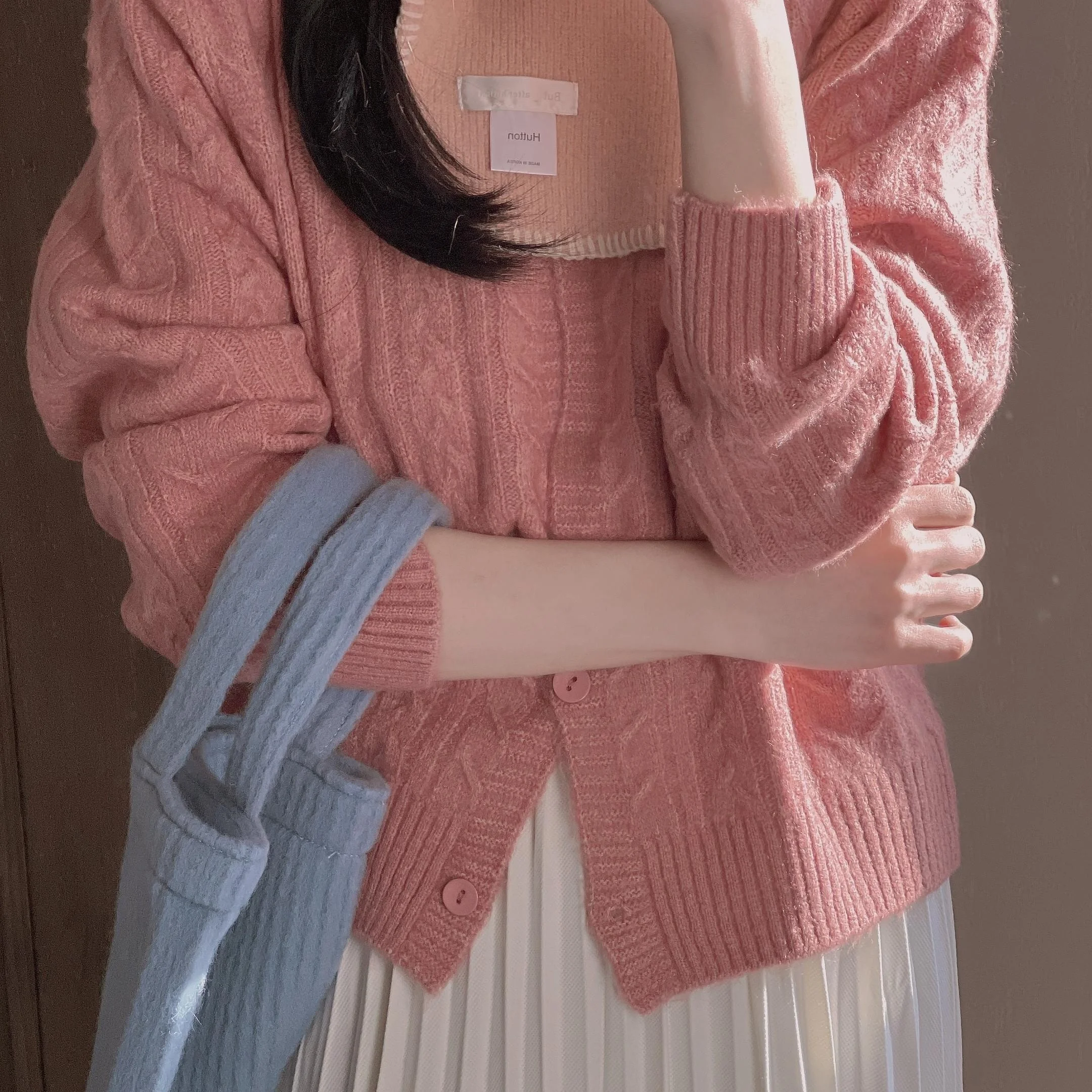 

Women's Soft Lotus Root Powder Atmosphere Knitted Open Cardigan Basic Style Long Sleeve Low round Neck Regular Length Pure Color
