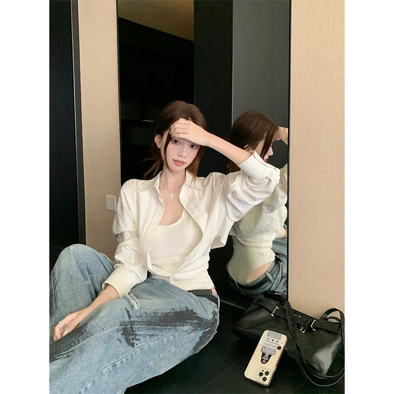 MEXZT Y2K Camicie a righe Moda donna Patchwork sexy Body Gyaru Streetwear Coreano Manica lunga Design sottile Camicette Top Nuovo