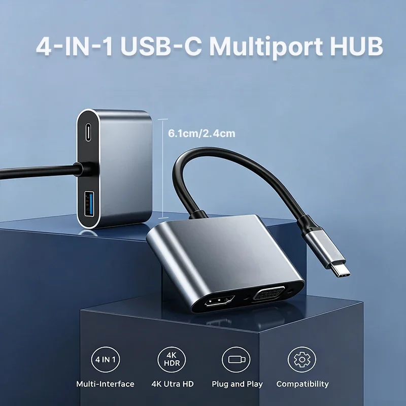 4 in 1 Type‑C Multiport Hub 4K HD VGA 100W PD Fast Charge USB‑C Docking Adapter for MacBook Laptop