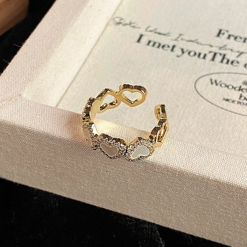 Girl\'s Sweet Imitation Shell White Heart Shaped Micro Set Zircon Open Ring 2024 Party For Women\'s Fashion Jewelry Accessories