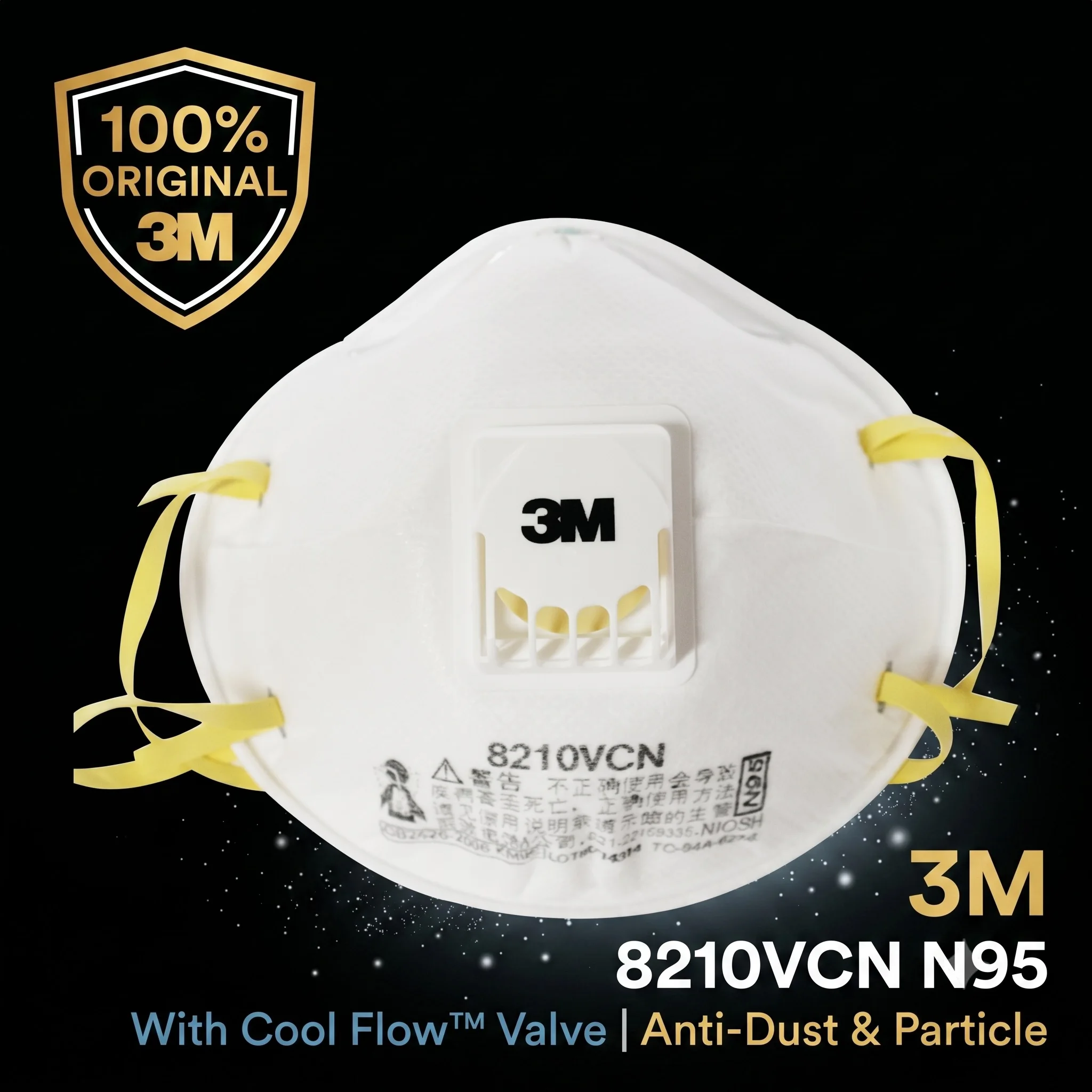 3M Respirator 8210V NIOSH-APPROVED N95 for at least 95 percent filtration efficiency against certain non-oil-based particles