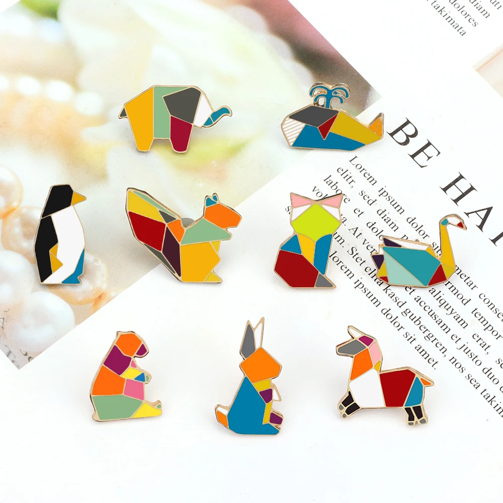 Cute Colorful Origami Animal Enamel Pin Cartoon Cat Rabbit Bunny Bear Penguin Whale Brooches Backpack Lapel Badge Gift Wholesale