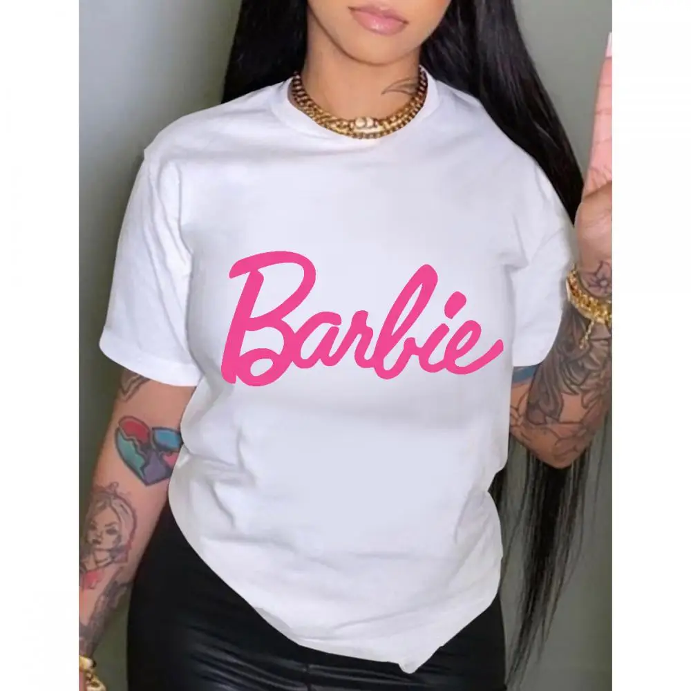 New Kawaii Barbie Letter Printed T-Shirt Summer Anime Fashion Round Neck Cotton Short-Sleeved All-Match Short Sleeve Plus Size