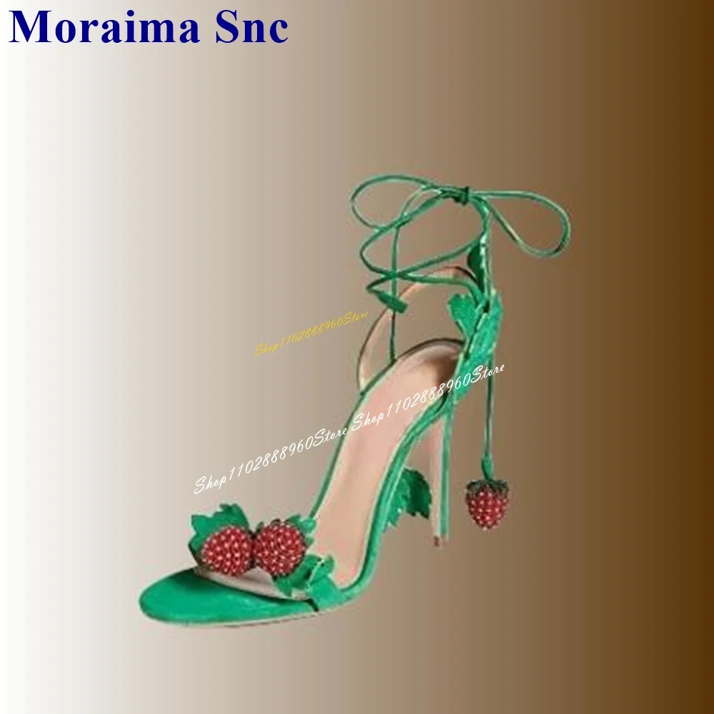 Lace Up Green Flock Strawberry Decor Sandals Cut Heel Thin High Heel Women Shoes Open Toe 2024 Fashionable Zapatos Para Mujere