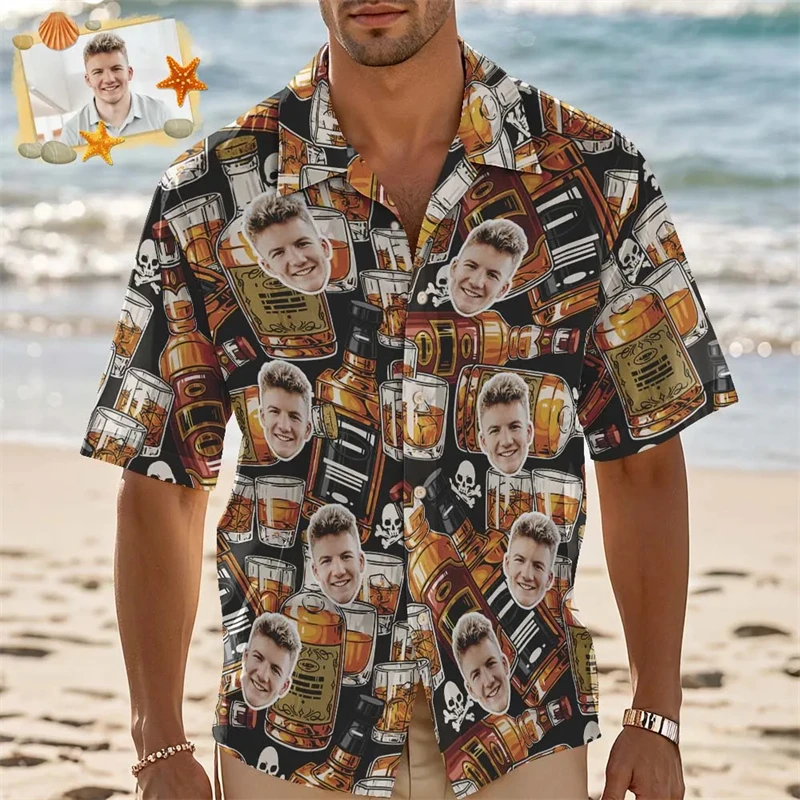 Custom Photo Hawaiian Shirts For Men Hot Sale Personalized Face Short Sleeve Button Shirt Street Funny Beer Lover Aloha Shirts