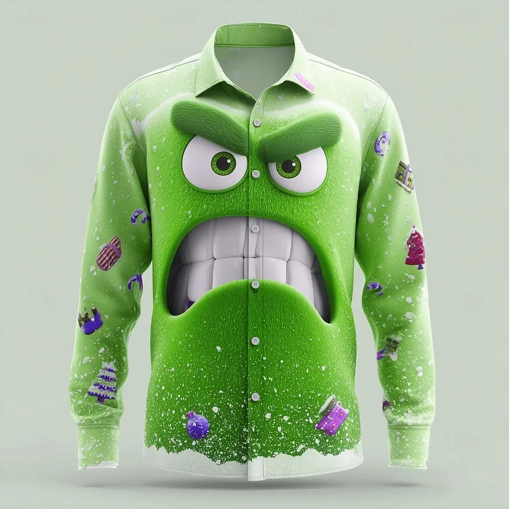Men's Long Sleeve Shirt 2025 Christmas Men's 3D Cartoon Snowflake Funny Face Shirts Casaul Streetwear Comfort Slim Fit Shirts