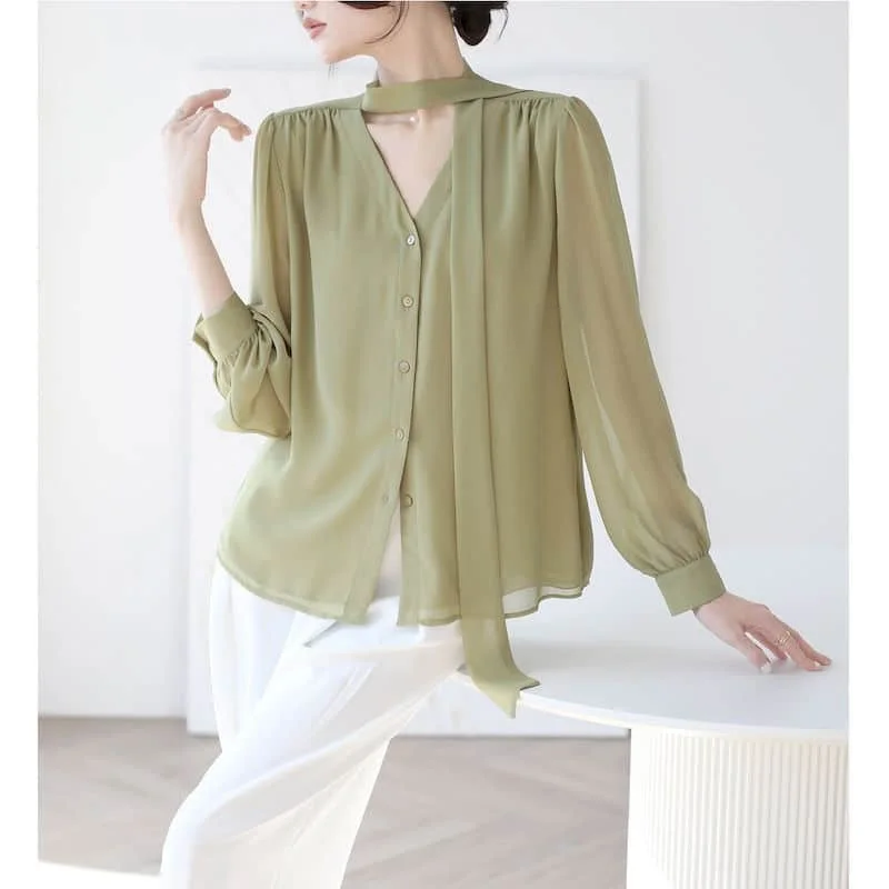 Camicie in Chiffon per le donne Vintage a maniche lunghe nastro di raso allentato Casual moda coreana camicetta di un pezzo Office Lady donna top