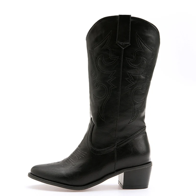 Botas clásicas a media pantorrilla para mujer, botas de vaquero del oeste bordadas a la moda para mujer, botas de vaquera de cuero pu, zapatos de tacón bajo de talla grande