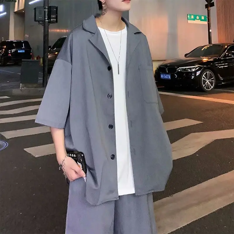 Summer Men\'s Sets Half Sleeve Blazer Suits Solid Short Sleeve Button Shirt + Shorts Korean Handsome Loose 2 Piece Set Outfits