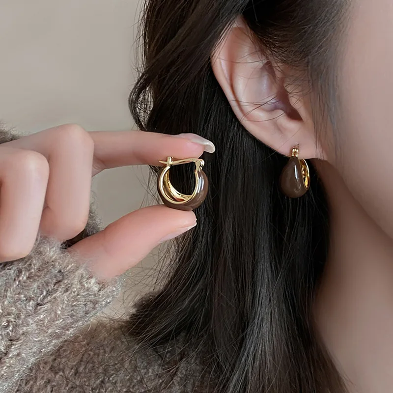 Gold Plating Dripping Coffee Color Tiger\'s-eye Stone Round U-shaped Hoop Earrings Women Vintage Ear Buckles Fashion Jewelry K-