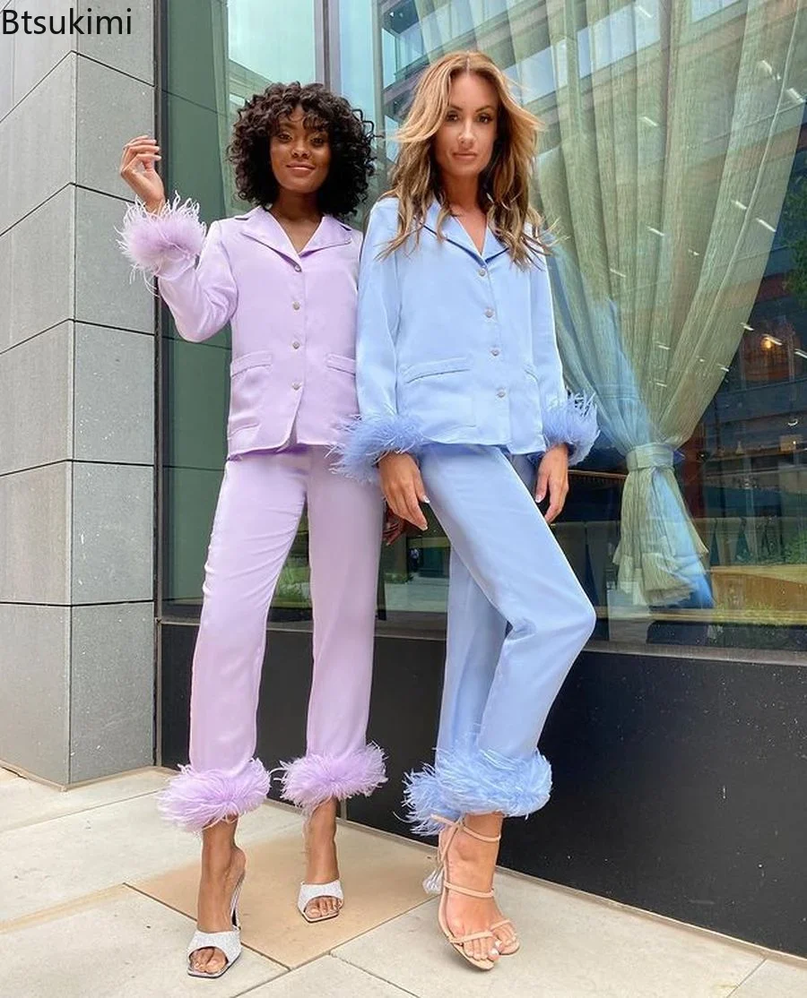 New Women's Satin Pajamas 2 Piece Set Feather Cuff Long Sleeve Tops and Pants Soft Elegant Homewear Luxury Ladies Sleepwear Suit