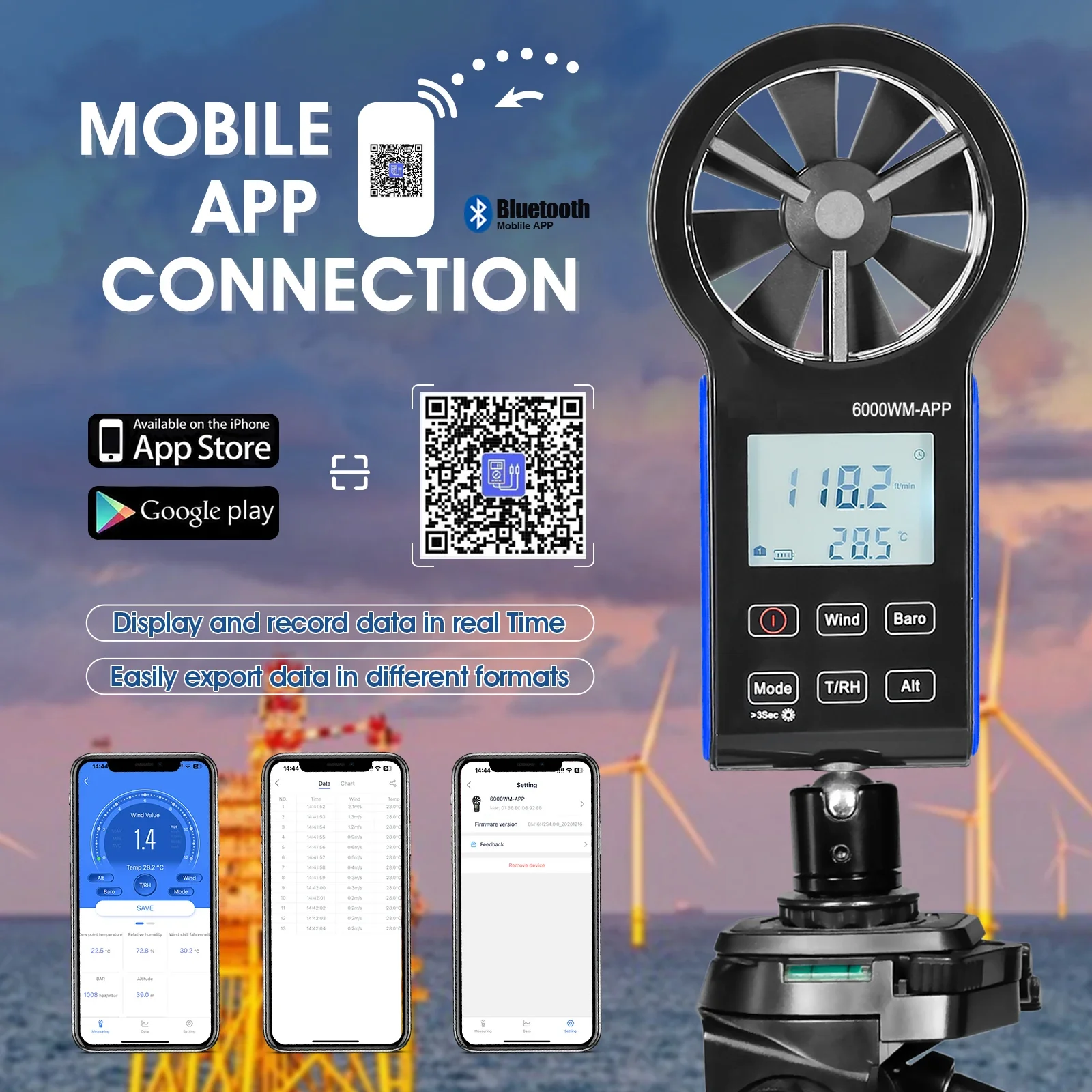 BTMETER 6000-WM-APP Smart Digital Anemometer ,Bluetooth Wind Speed Gauge ,HVAC Avg Air Volume,CFM Altitude, Barometric Pressure