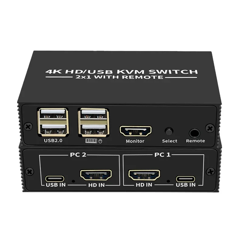 HDMI KVM Switch 2x1 4K HDMI USB Switch Selector 2 in 1 out with 4 Port USB Hub Desktop Controller Sharing Monitor Mouse Keyboard