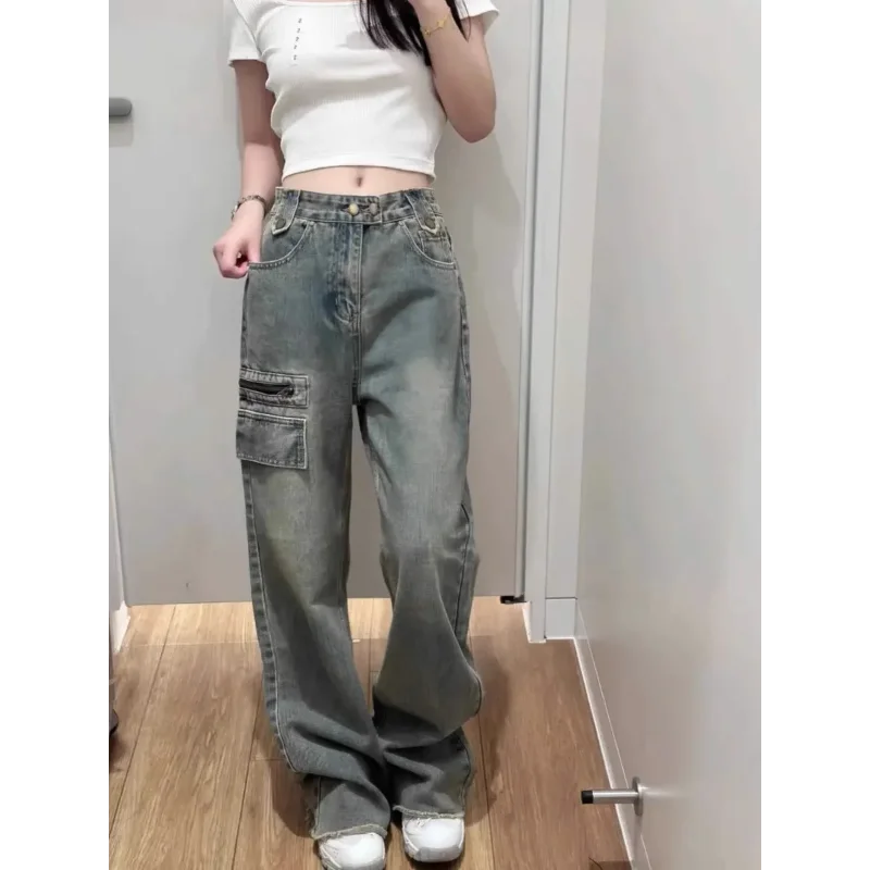 

Женские рабочие джинсы American High Street с несколькими карманами, весенне-осенние новые универсальные широкие брюки с высокой талией и грудью