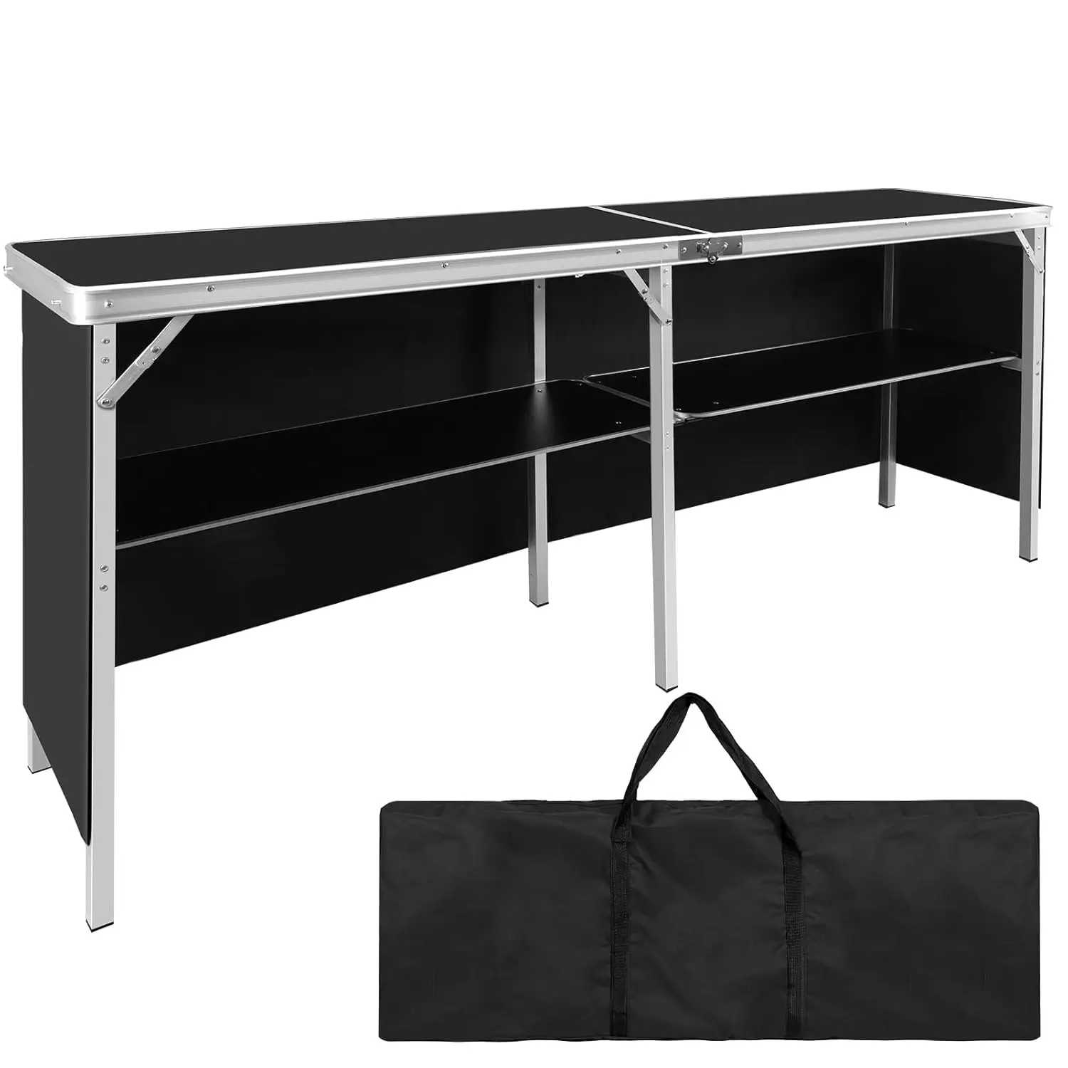 Tragbarer Doppel-Stehtisch, zusammenklappbare mobile Barkeeper-Station, inklusive Tragetasche und schwarzem Rock, für Veranstaltungen, Messen, Innenbereich