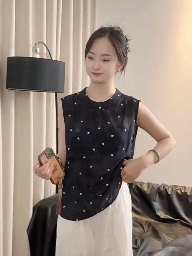 スリム効果ヴィンテージラウンドネスベルハートプリントトップ女性のファイオン夏新着通気性ルーズフィットirt