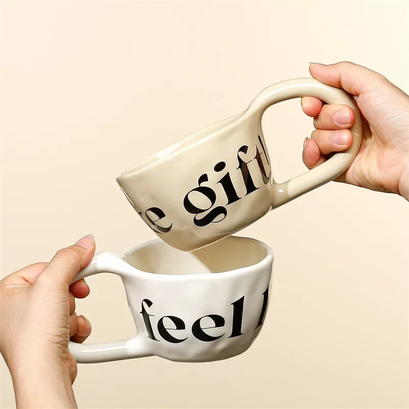 350ML English alphabet Pattern Ceramic Mug Large Handle Hand Pinched Irregular Coffee Cups Breakfast Milk Oatmeal Water Cup