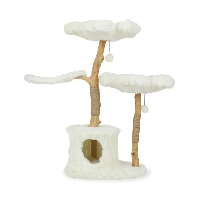 Hot Pet Furniture Modern Kitten House Wooden Cat Tree Tower Luxury Kitten Flower Condo Cozy Plush Wood Floral Cat Tree