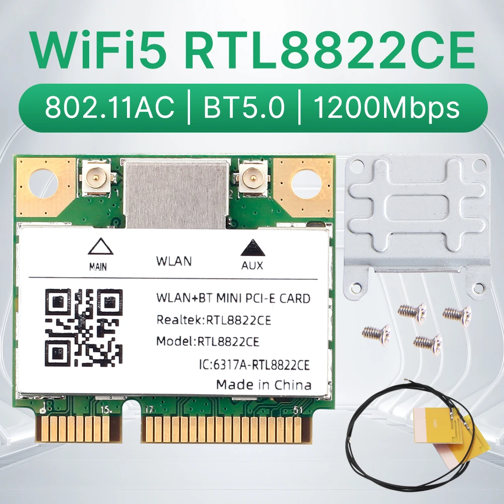 

RTL8822CE WiFi 5 BT5.0 Mini Pcie Wireless Wifi Card 1200Mbps Network Adapter Dual Band 2.4GHz/5GHz 802.11ac For Win 10/11