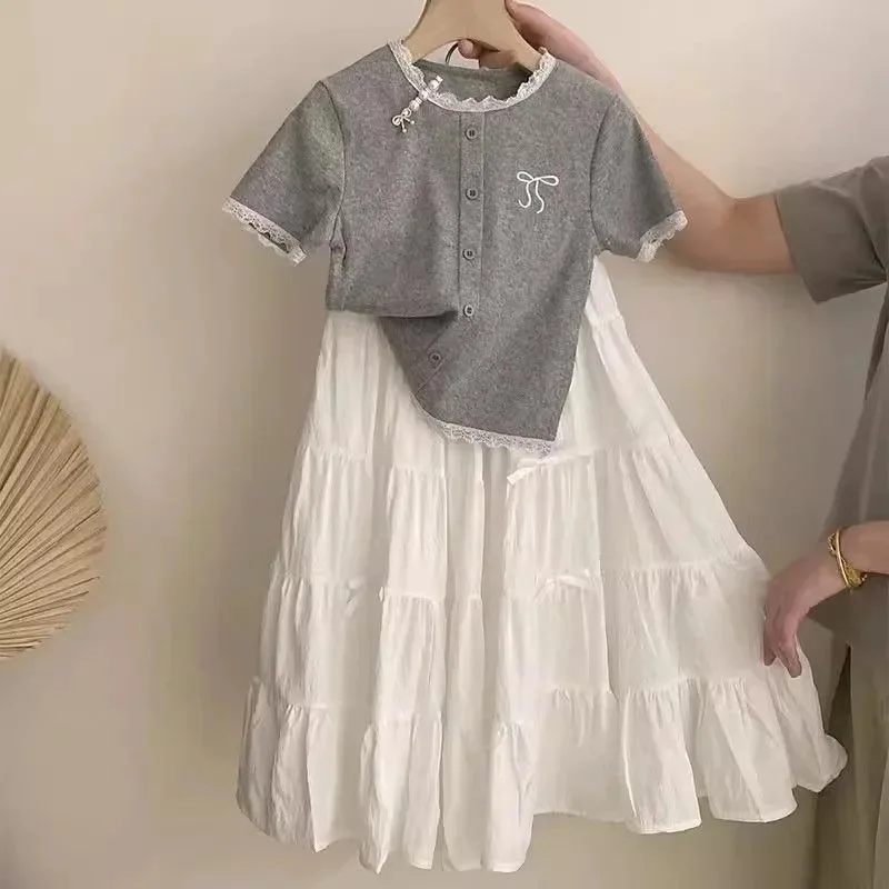 4-14Y Kid Girls Skirts Outfits RAISE Summer Bow Lace Junior Girls Short Sleeves Suits Children Girl Long Skirts 2PCS Clothes Set