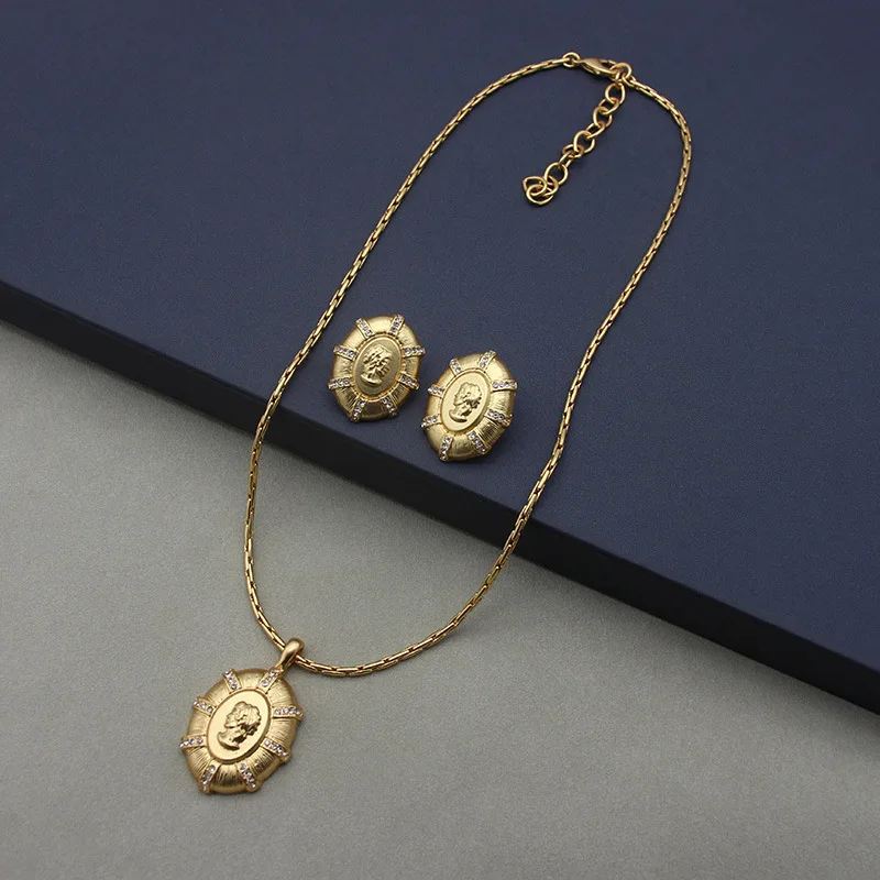 

Byzantine-style Head Portrait Necklace, Solid Gold Earrings and Necklace Set, Exotic Flair