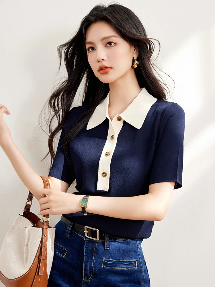 Women\'s Lapel Top 2024 Summer New Button Short Sleeve Pullover T-shirt Casual Versatile Thin Knitted Tops Temperament Commuting