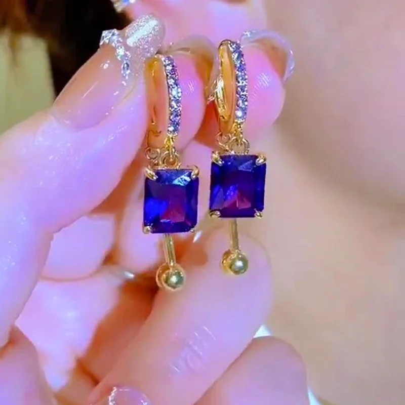 New Unique Purple Square Crystal Pendant Earrings for Women Fashionable Exquisite Elegant Temperament Girls Party Jewelry Gift