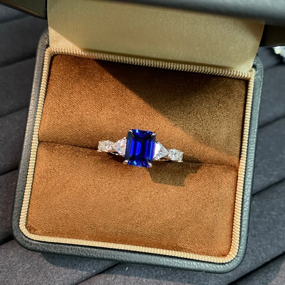 S925 sterling silver ring 3 carats 7 * 9mm cultivated sapphire ring, best-selling niche design in Europe and America, high sense