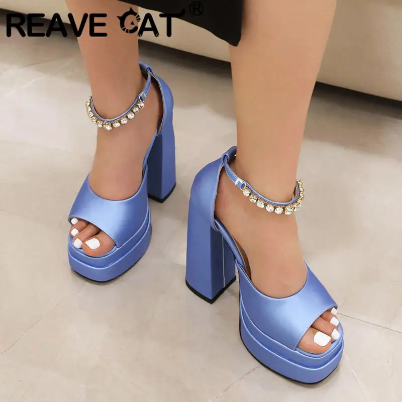 REAVE CAT Sexy Women Sandals Peep Toe Ultrahigh Heels 14cm Platform 4.5cm Buckle Strap Size 45 46 Party Summer Shoes