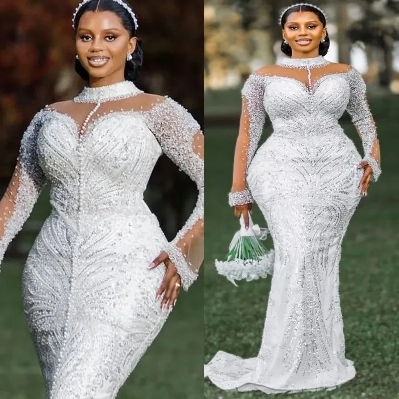 Customized Mermaid Wedding Dresses Bridal Gowns High Neck Long Sleeves Illusion Beaded Lace Appliqued Crystals Wedding Gown
